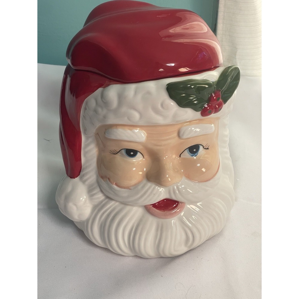 Sleigh Bell Bistro Santa Claus Head Cookie Jar 8.75"‎ Ceramic Christmas